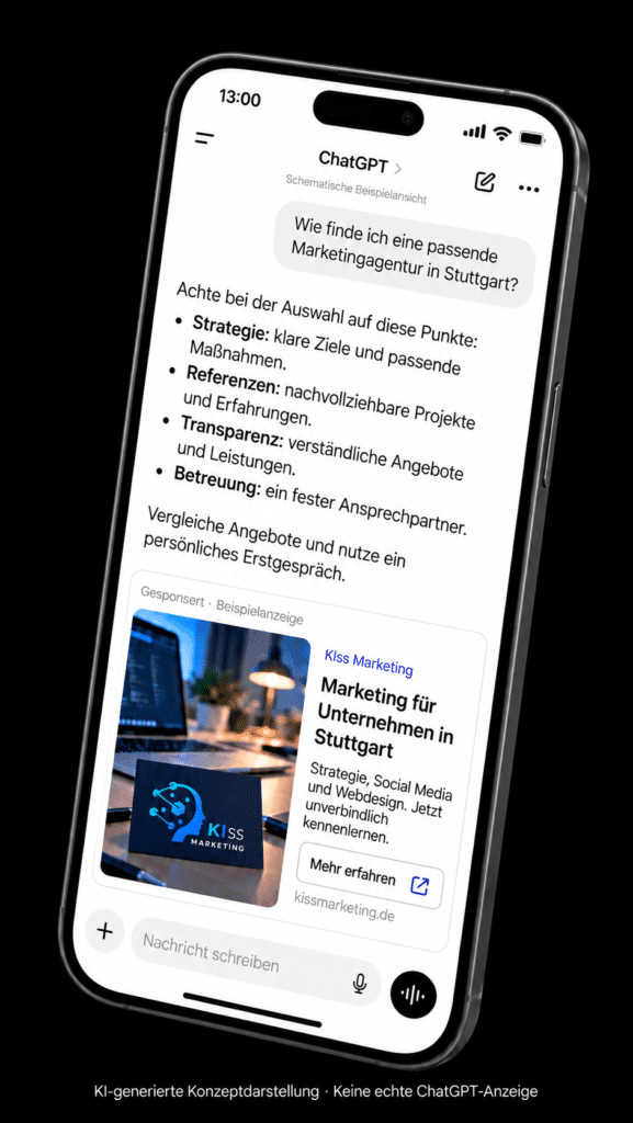 Schematische Beispielansicht: gesponserte Anzeige von KIss Marketing unter einer ChatGPT-Antwort auf dem Smartphone