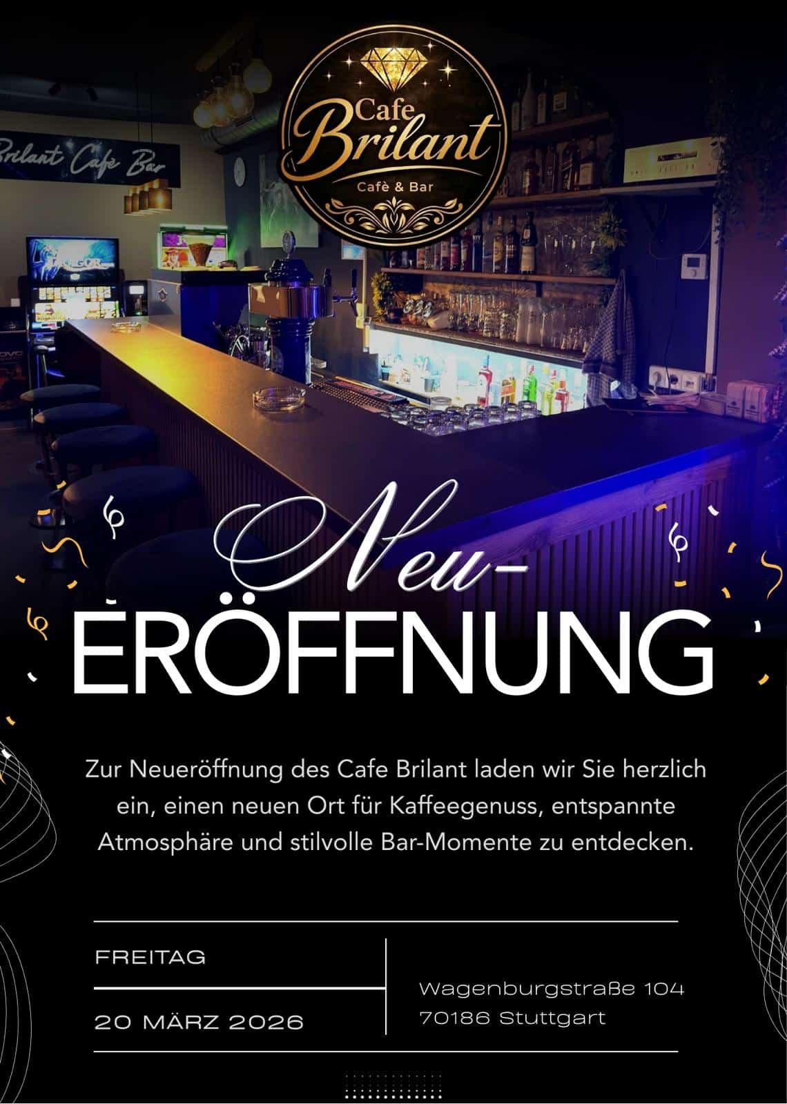 Flyer zur Neueröffnung des Café Brilant am 20. März 2026, gestaltet von KIss Marketing