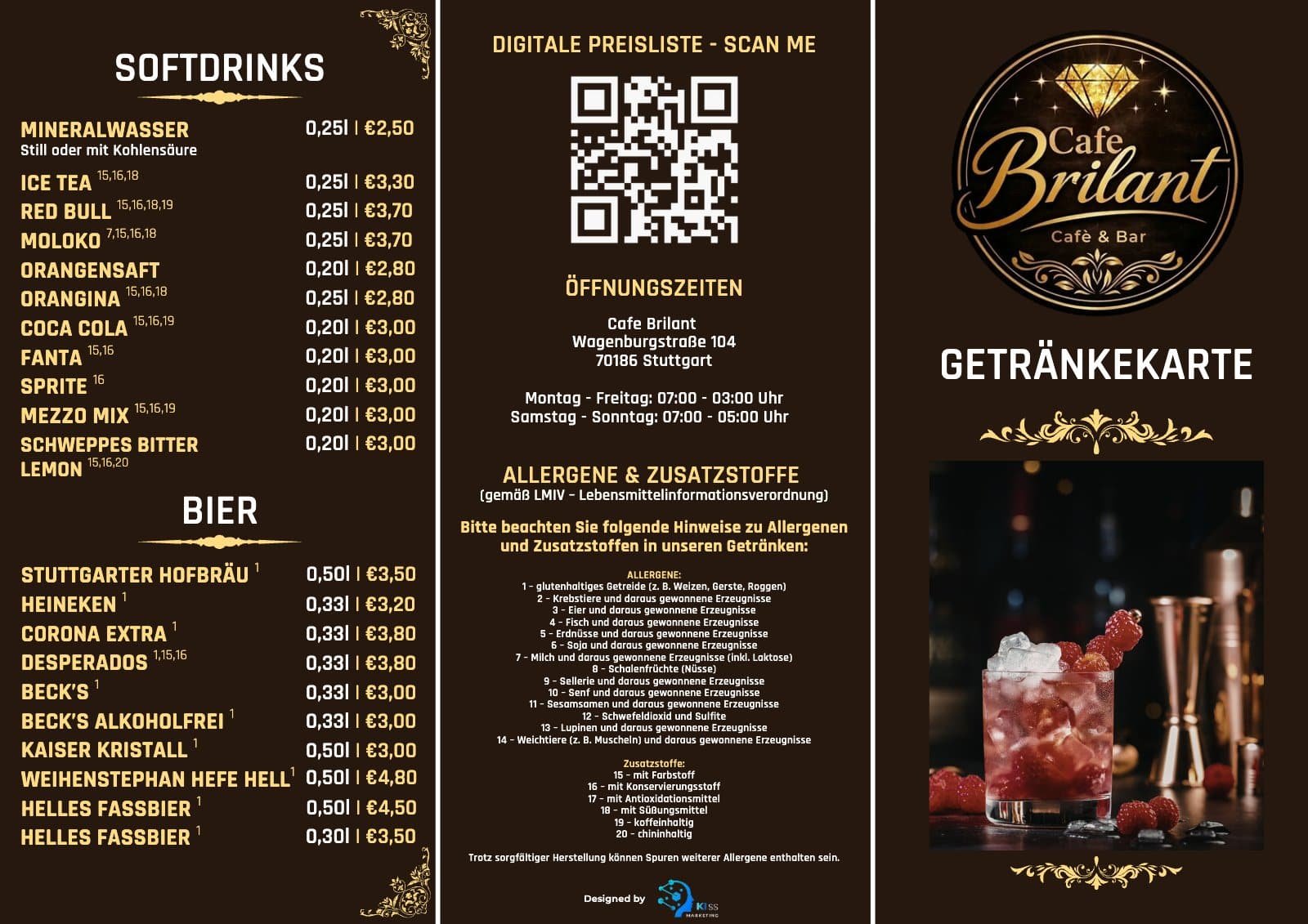 Außenseite der Getränkekarte des Café Brilant mit Softdrinks, Bier, QR-Code und Logo, gestaltet von KIss Marketing