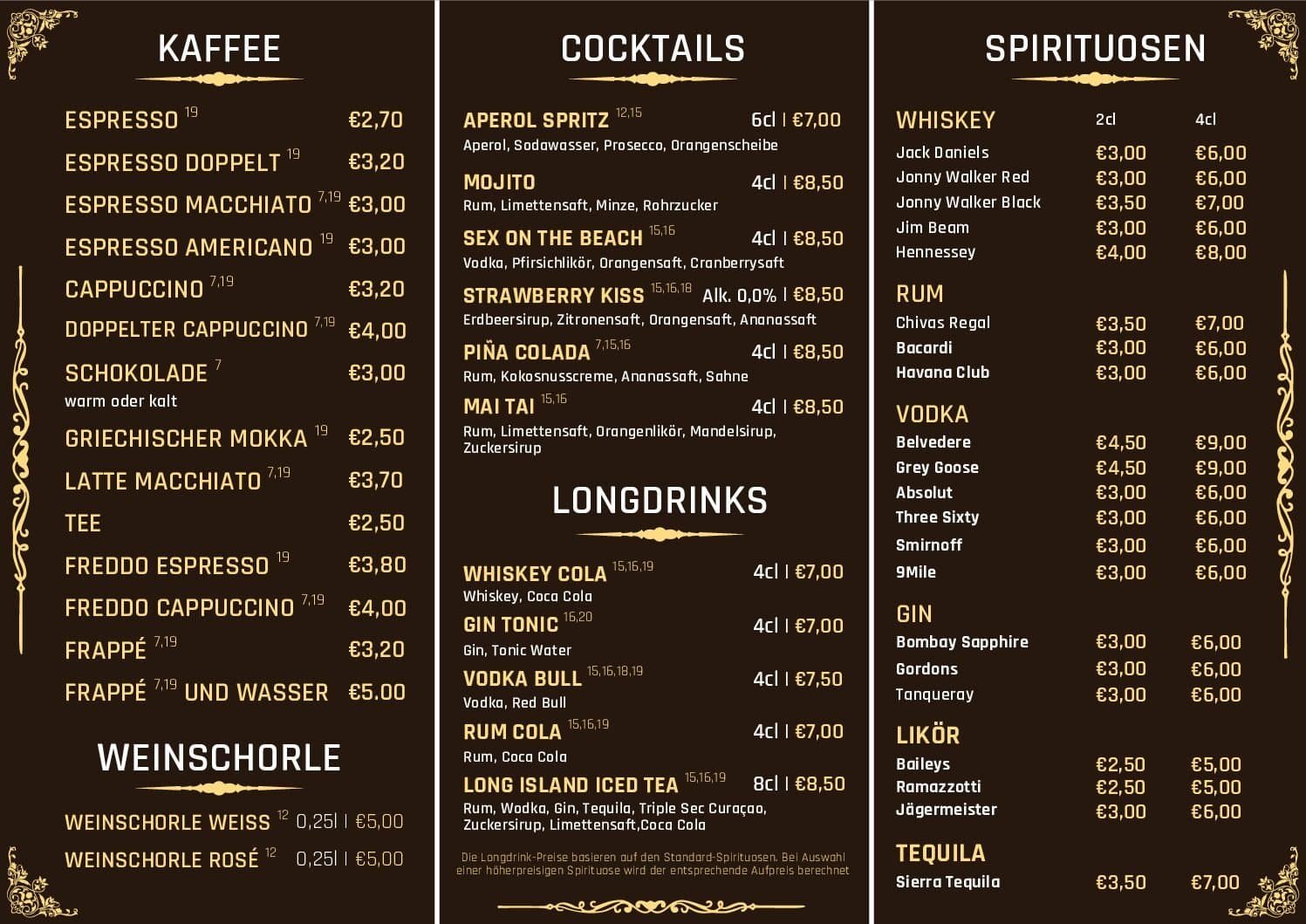 Zweite Seite der Getränkekarte des Café Brilant, gestaltet von KIss Marketing